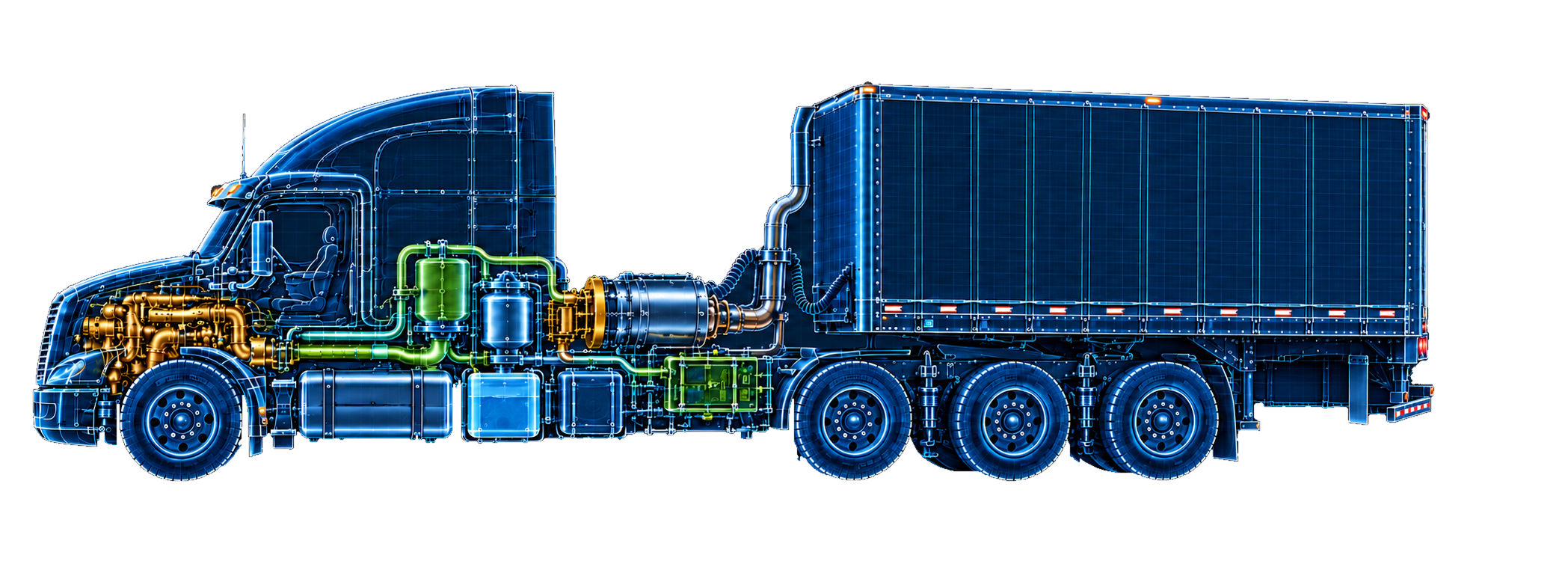 Complete three-dimensional blueprint of a diesel truck and cargo trailer. Cyan wireframe outlines reveal a gold engine, green HHO generator and control module, blue exhaust treatment, fuel tank, water supply and DEF tank. The cargo has a consistent front-to-rear perspective with a narrow trailing edge; the bumper and all wheels remain visible.