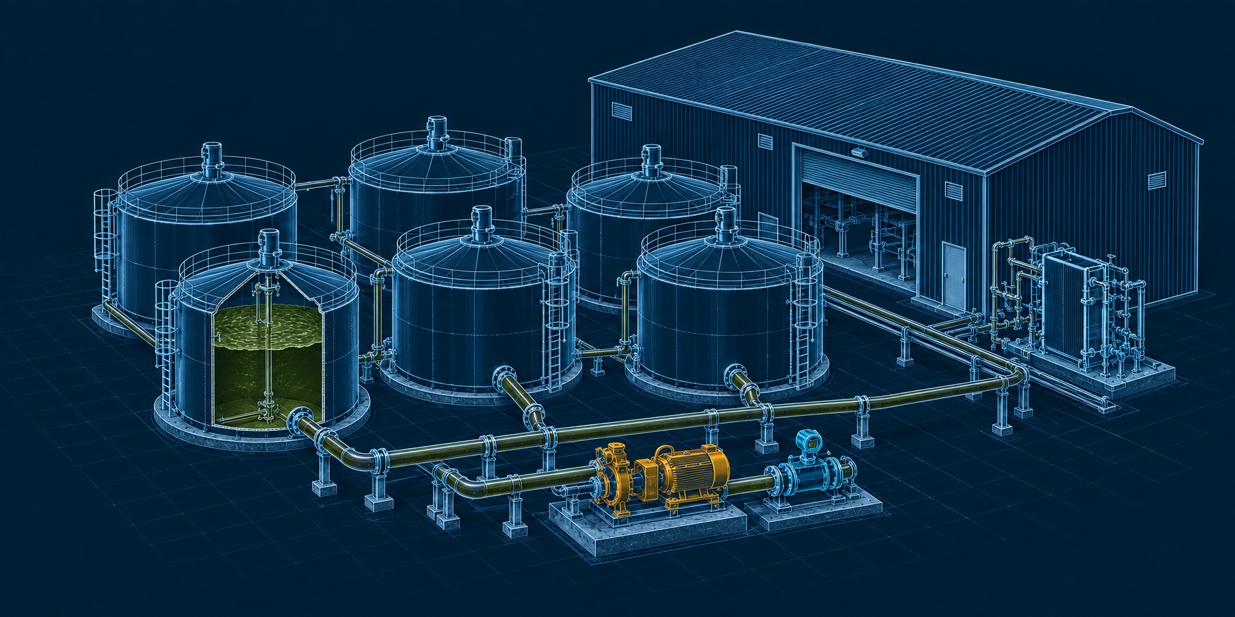 Representative facility blueprint with six small tanks, connecting pipework, a pump and a meter beside a processing building.